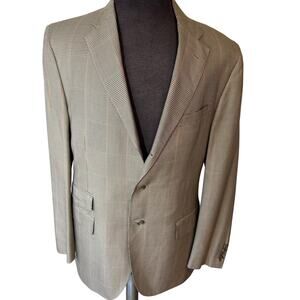 Polo Ralph Lauren men’s 100% Silk Italy Blazer 42L Tan Glen Plaid Ticket Pocket